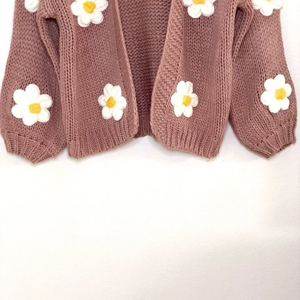 Baevely Daisy Cardigan Open Front Bubble Sleeve Floral Sweater Dusty Mauve Small